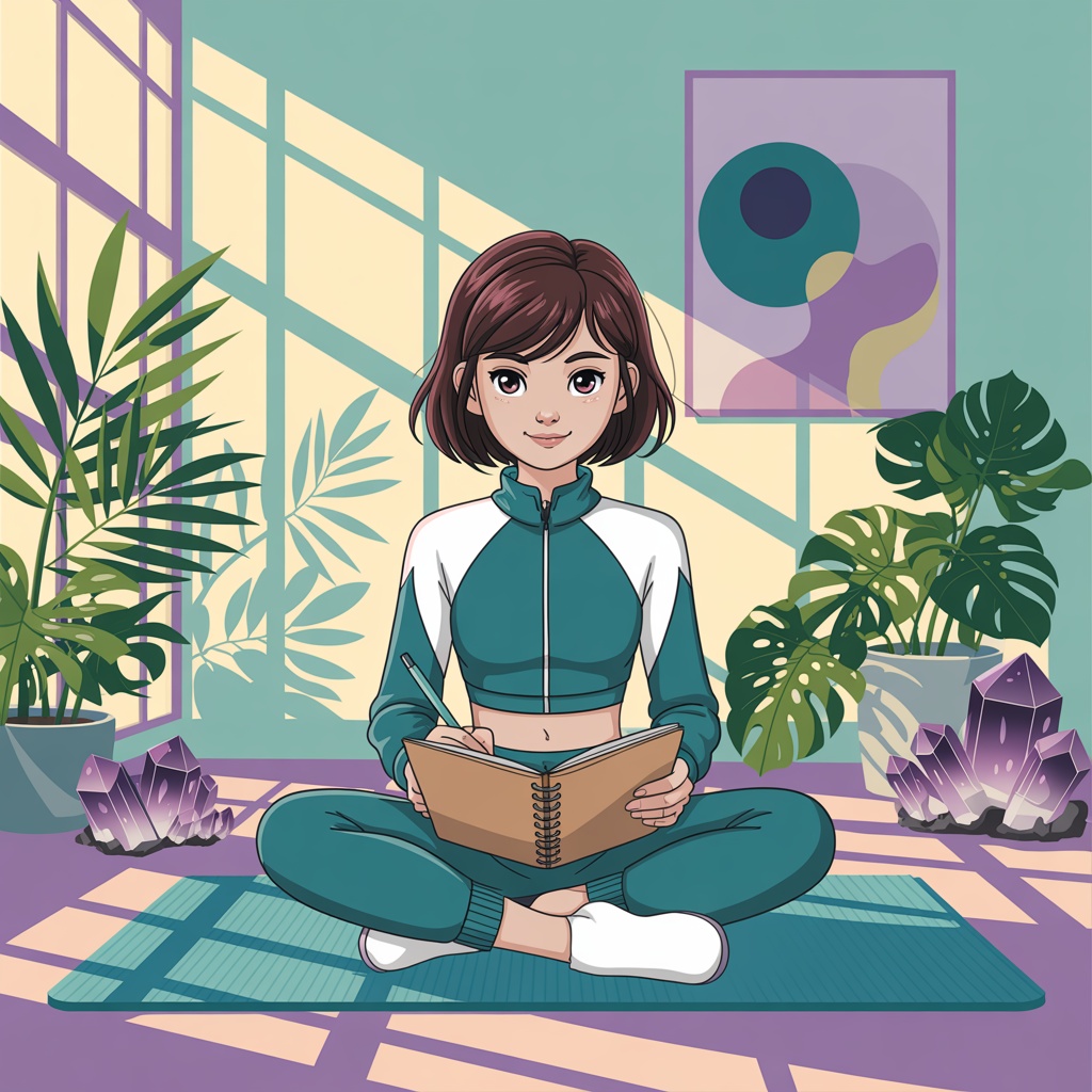 Young woman journaling in bright wellness space